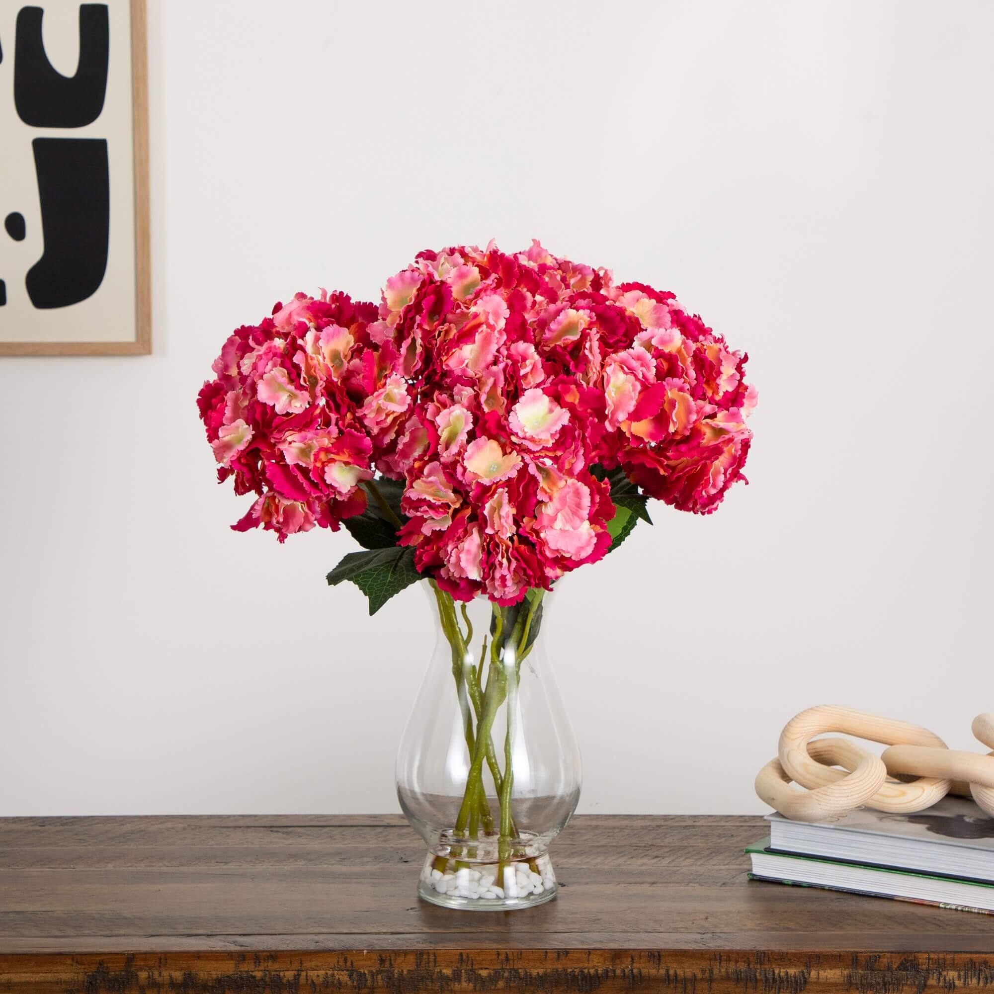 20" Pink Artificial Hydrangea Arrangement in Glass Vase